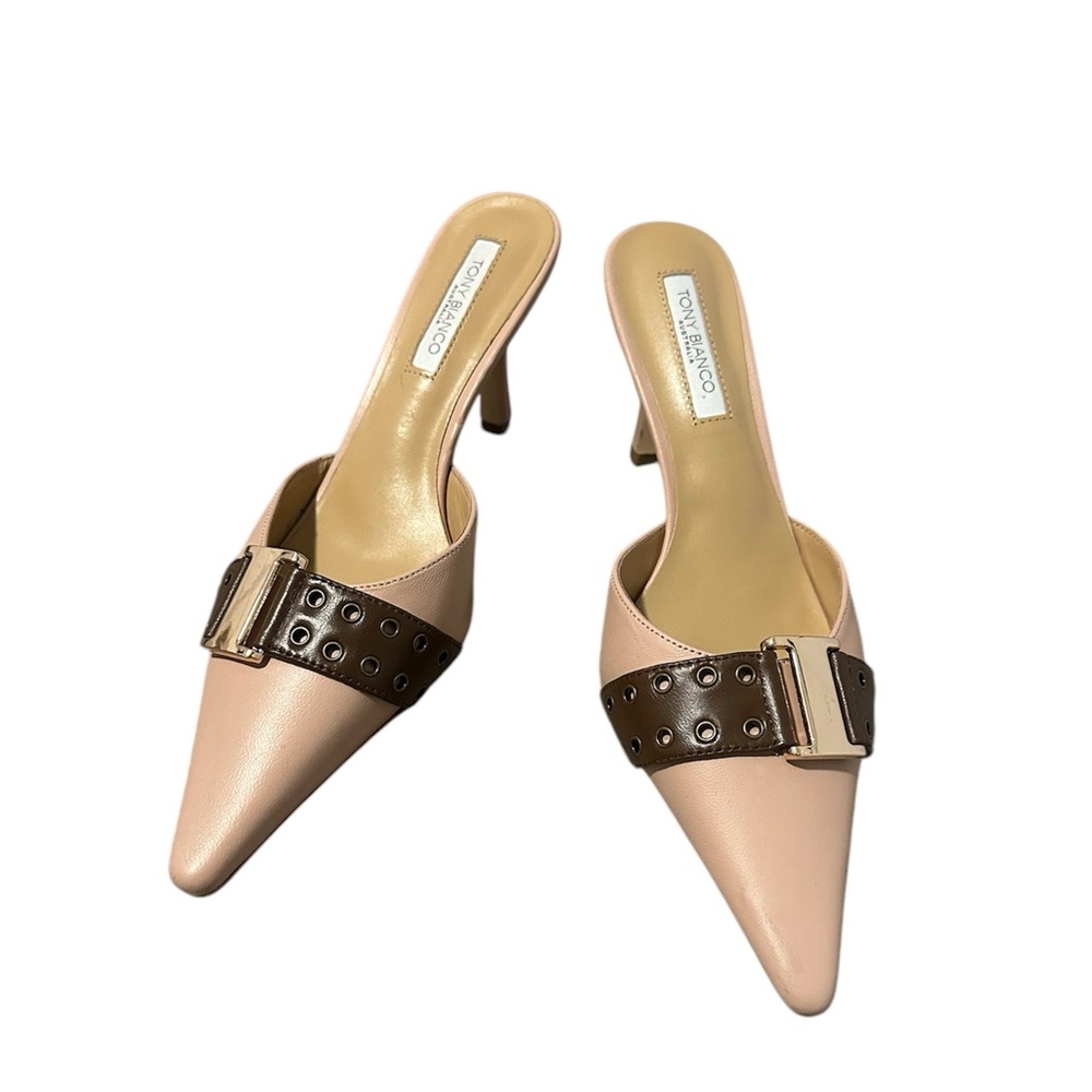 Tony Bianco Pink Pointed Toe Mule Heels with Brown Buckle Strap
